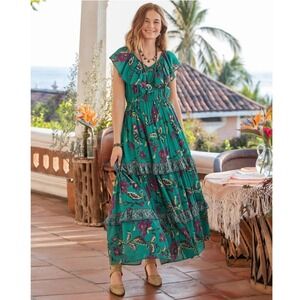 Sundance NWT Londyn Maxi‎ Dress XS Green Floral Tiered Ruffle Boho Cottagecore
